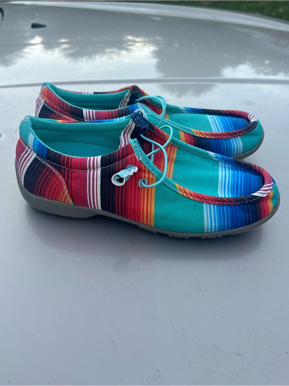 Roper ChillinTurquoise Striped Canvas Blue Serape Aztec Chukkas Casual Slip On 7